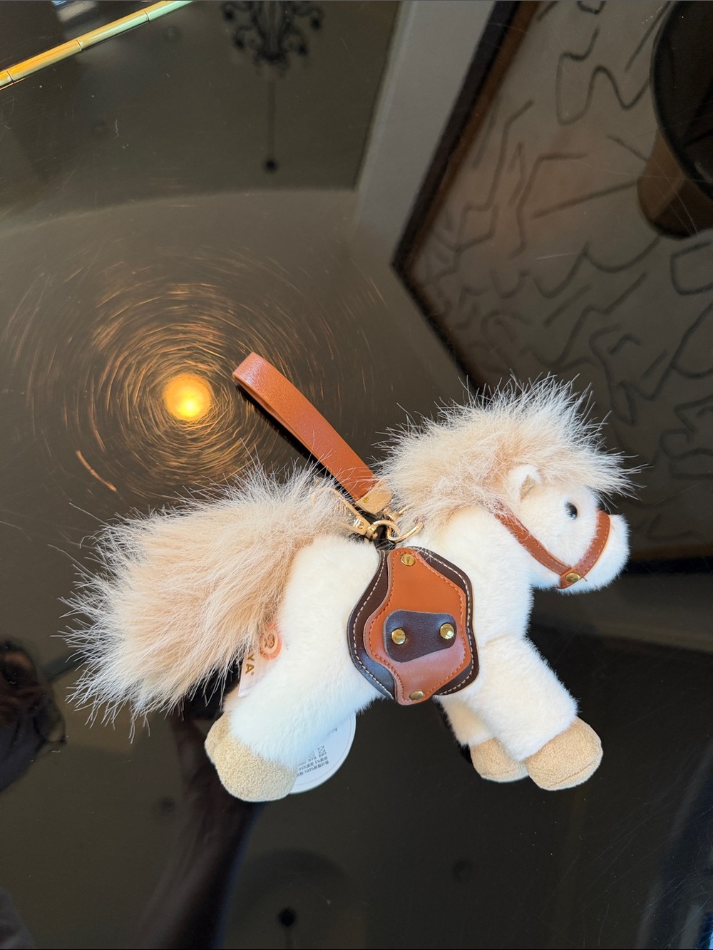 NWT Plush Pony Bag Charm Keyring in Cream and Tan 7x5x2.5”